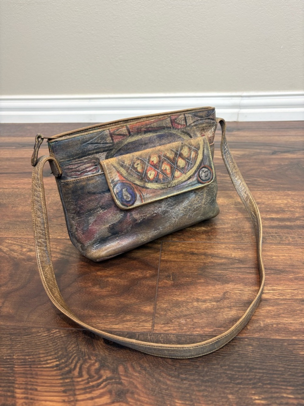 Vintage Jane Yoo Unique Hand Painted Leather Shoulder Bag Wearable Art